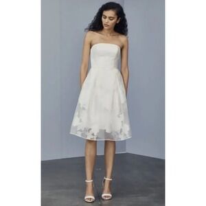Amsale Little White Dress Strapless Floral Organza Fit Flare Bridal Dress Size 2